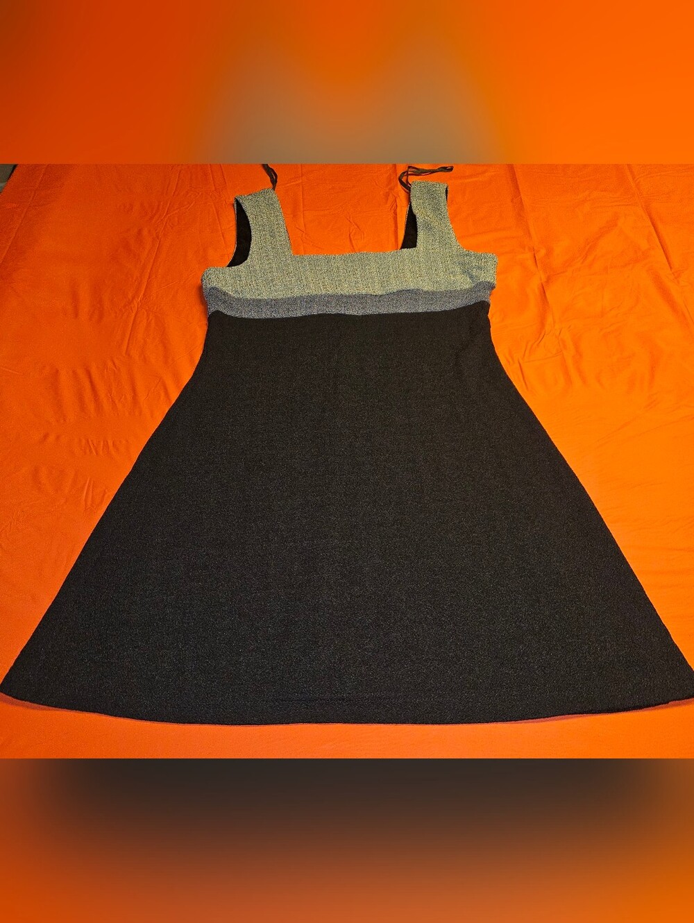 LaBelle Vintage Black A-Line Dress w/Gray Square Top szLg Silky/Stretch E.U.C.